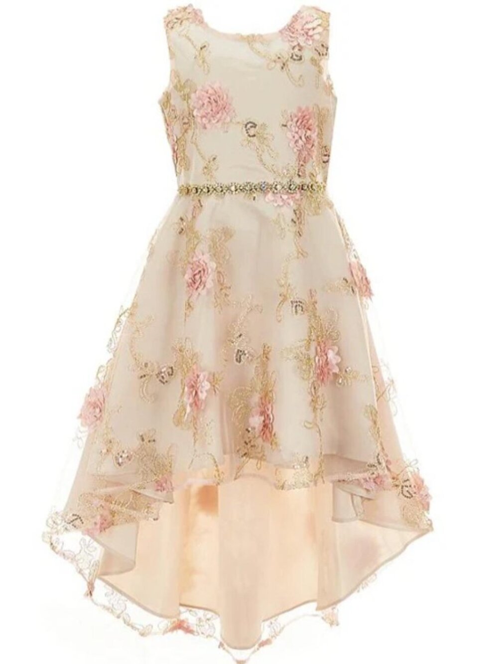 Big Girls Sleeveless Floral-Embroidered Soutache High-Low-Hem Dress